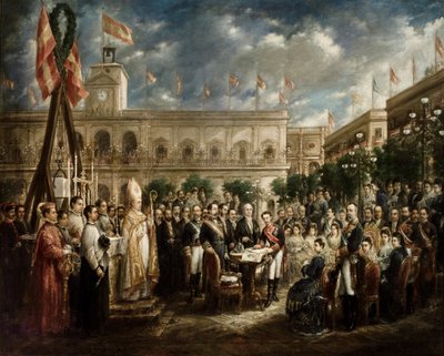 Alfonso XII firmando el acta de colocación de la primera piedra del monumento de San Fernando de José María Romero y López